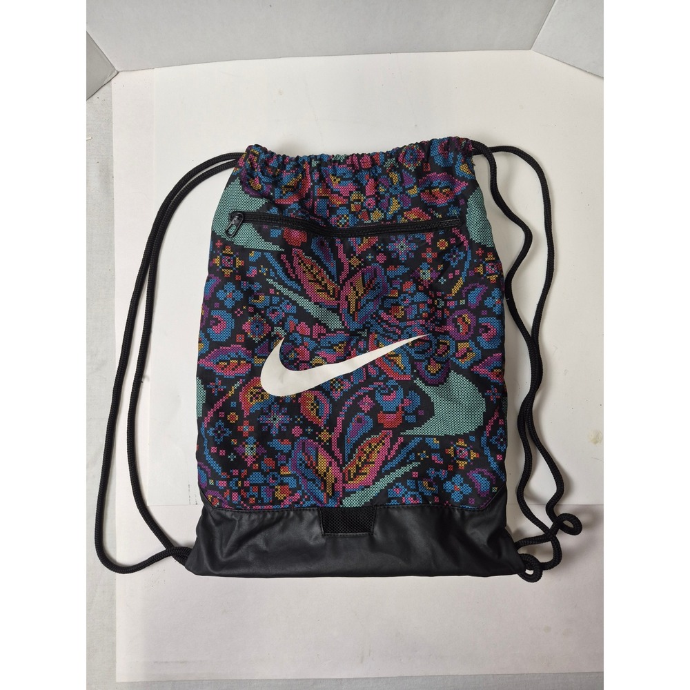 Nike Drawstring Cinch Bag Multi-Color Paisley Floral Print Gym Sackpack Black